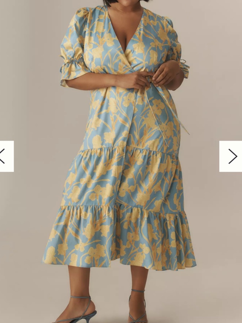 Anthropologie Hutch Tiered Puff-Sleeve Blue Floral Wrap Midi Dress 1X NEW